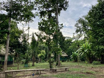 A view of the lodging and benches on the grounds of El Centro Inka Meraya.